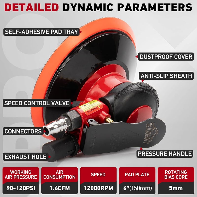 PUIMIT Professional 6" Dual Action Random Orbit Air Sander, Pneumatic Palm Sander, Low Vibration, Heavy Duty - Image 2